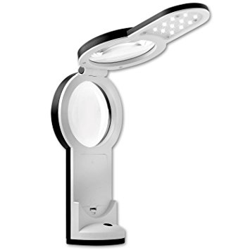 LED Lighted 2X 5X Magnifier Lamp with Folding Stand – USB or Battery Power - Illuminated Hands Free Magnifying Glass for Reading, Inspection, Repair, Needlework, Hobby and Crafts