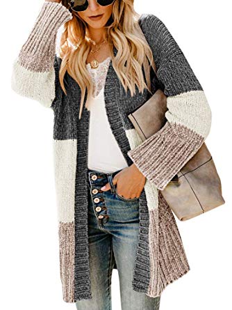 Ferbia Women Color Block Cardigan Open Front Long Sleeve Sweaters Chenille Chunky Loose Baggy Oversized Knit