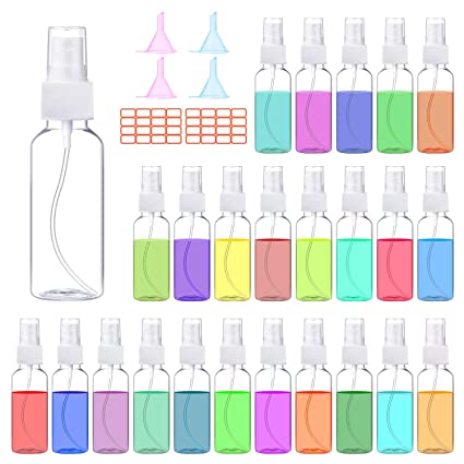 24 Pcs 1.7oz / 50ml Spray Bottles with 2pcs Funnels 32pcs Labels Clear Empty Mini Spray Bottles Refillable Container Pocket Size Sprayer Set Essential Oils Travel Cleaning Makeup Bottles Nearly 2oz