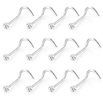 CrazyPiercing 12pcs Wholesale Lot Bling-Bling Crystal Rhinestone Stainless Steel Body Piercing Jewelry Nose Ring, Hypoallergenic, 20 Gauge