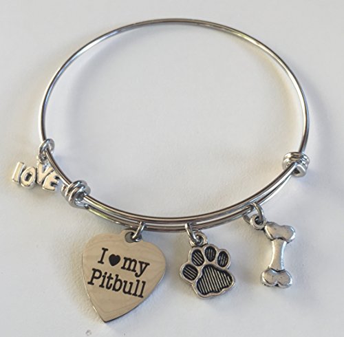 I Love My Pitbull Expandable Dog Breed Charm Bracelet - Stainless Steel Dog Lover Bracelet