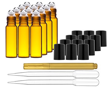 Culinaire 12 Pack Of 10 ml Amber Glass Bottles with Stainless Steel Roller Balls / Caps & (2x) 3 ml Droppers with Gold Glass Pen included