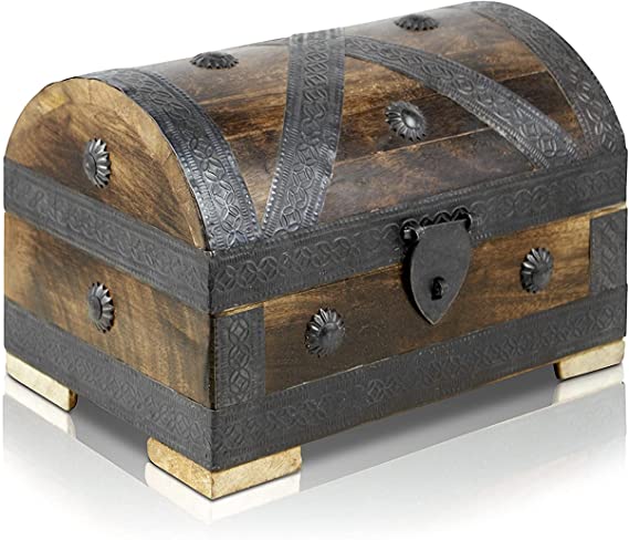 Treasure Chest with Lock 9.5''x6.3''x5.3'' Wooden Trunk Chest with Vintage Look Pirate Party Treasure Hunt Wood Solid Brown Colonial Style Casket Peasant Chest Money Chest