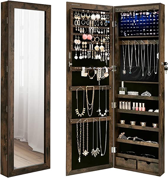 SONGMICS 6 LEDs Cabinet Lockable 47.3" H Wall/Door Mounted Jewelry Armoire Organizer with Mirror (Rustic Brown)