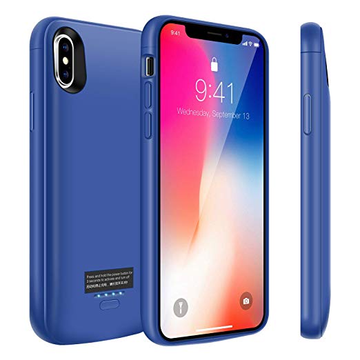 iPhone X Battery Case, 4000mAh Slim Portable Battery Charger Case, Rechargeable Extended Battery Pack Charging Case for iPhone X/iPhone 10, Compatible with Wired Headphones-Blue