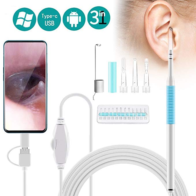 Ear Cleaning Endoscope, COMPATH 1.3Mega Pixel 720P HD Ear Otoscope Inspection Camera,3 in 1 USB Ear Digital Endoscope Camera,Ear Otoscope Camera,Earwax Cleaning Tool with 6 Adjustable Led Lights for OTG Android Phones &PC