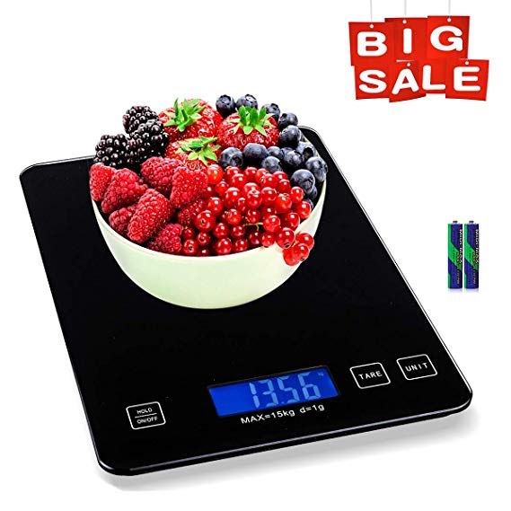 MATCC 15KG/33LBS Kitchen Scales Digital Food Weight Scale with LCD Display Cooking Scale for Kitchen Home Postal Scale 15kg-0.01g, Battery Included