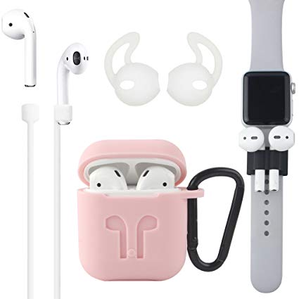 Airpods Case, [Airpods Accessories Set][Airpods Ear Hook][Airpods Watch Band Holder][Airpods Keychain][Airpods Strap][Silicone Cover] Best Kit [XCITING] for Apple AirPods Charging (Pink Kit)