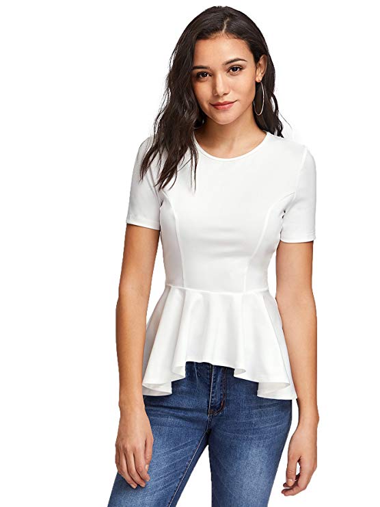 Romwe Women's Summer Short Sleeve Ruffle Hem Casual Peplum Blouse Top