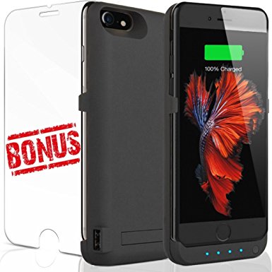 iPhone 7 Battery Charger Case: For Apple iPhones 7 6 6S Best Christmas Gift Portable Lightning Charging Power Bank Pack 6000 MAH Charge Backup Black With Kickstand Slim Tempered Glass Screen Protector