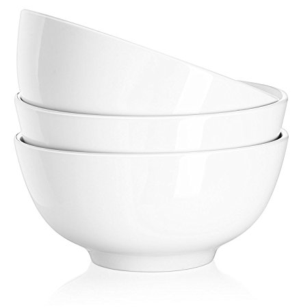 DOWAN 850ml Porcelain Soup/Cereal Bowls, Serving for Salad/Ramen/Fruit - Set of 3, White