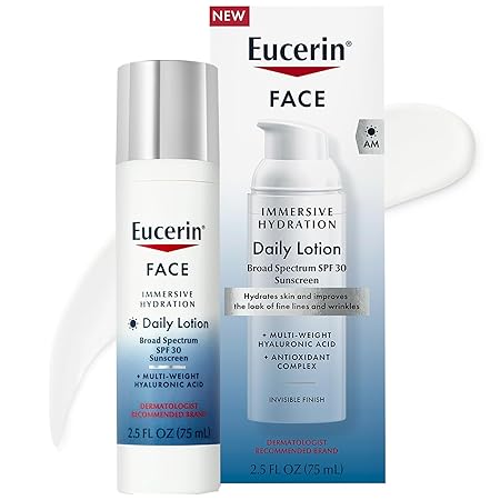 Eucerin Face Immersive Hydration Daily Face Lotion Broad Spectrum SPF 30 Sunscreen, Daily Moisturizer with Hyaluronic Acid Smooths Fine Lines and Wrinkles, 2.5 Fl Oz Bottle