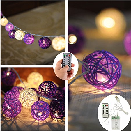 Dealbeta Bedroom 30 Rattan Ball String Lights Dimmable with Remote Timer,Warm White LEDs,2 in 1-[Battery Operated and USB Powered] Decorative Christmas Lights for Wedding Swing TV Background Bar