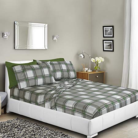 Clara Clark Premier 1800 Collection Deluxe Microfiber 3-Line Bed Sheet Set, Green/Grey Plaid, Queen Size