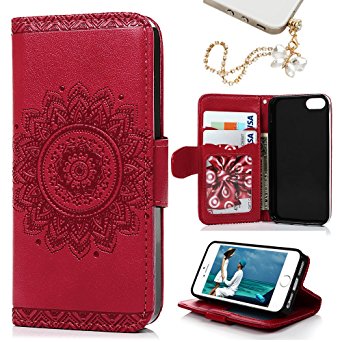 iPhone SE & 5 & 5S Case, MOLLYCOOCLE Stand Wallet Premium PU Leather Skin Cover Magnetic Flip Folio TPU Cushion Bumper Embossed Flower Design for iPhone SE & 5 & 5S & Bling Butterfly Dust Plug,Red