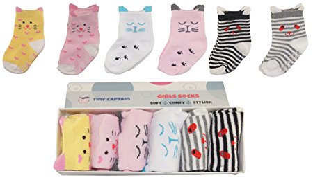 Baby Socks For Toddler Girls With Non Slip Grips, 8-24 Month Girl Grip Sock Baby Walker Cartoon Socks Best 1 Year Old Girls Gift From Tiny Captain (Pink)