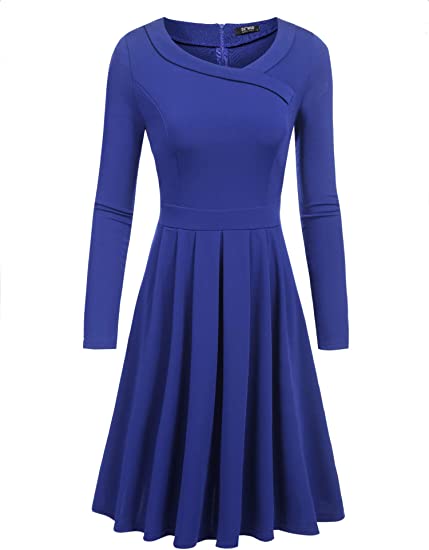 ACEVOG Women's Long Sleeve Round Neck Pleated Swing Casual A-Line Fit and Flare Midi Skater Dress