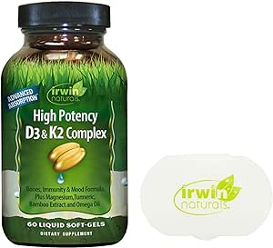 Irwin Naturals Vitamin D3   K2 - High Potency D3   K2 Complex - Dietary Supplement for Bone Health - 60 Liquid Softgels Bundle Pill Case