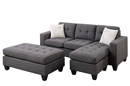 Poundex All in One Sectional with Ottoman and 2 Pillows in Gray, Blue Grey