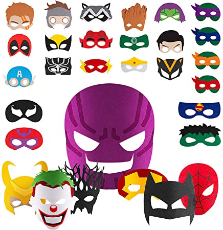 Superhero Masks Party Favors for Kids (30 Packs) Felt and Elastic, Halloween Felt Masks, Superheroes Birthday Party Masks with 24 heros and 6 villains for cosplay