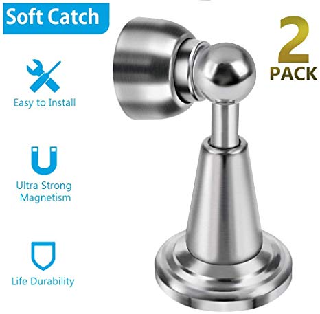 Door Stopper, 2 Pack Magnetic Door Stop, Soft-Catch Magnetic Door Catch, Door Hold Open, Stainless Steel, Brushed Satin Nickel Chrome, Hold Your Door Open Softly, Wall Mount, 2 Pack for Less Cost