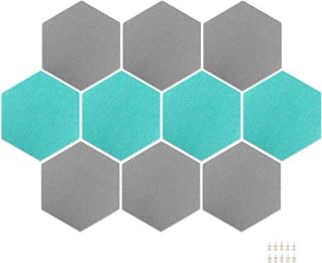 Navaris Felt Hexagon Wall Tiles (Set of 10) - Bulletin Board Tile Pack with Foam Backing 5.9" x 6.9"- Includes 10 Wood Push Pins - Gray and Turquoise