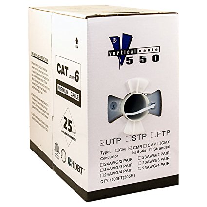 Vertical Cable Cat6, 550 MHz, UTP, 23AWG, Solid Bare Copper, 1000ft, White, Bulk Ethernet Cable