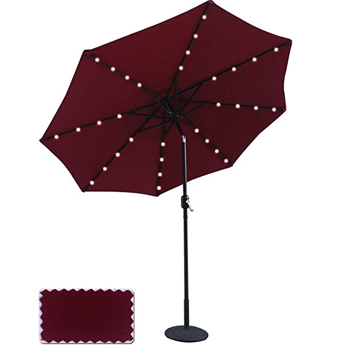 ABCCANOPY 9 FT Solar Powered Patio Umbrella 32LED Lights Solar Umbrella with Tilt and Crank (Burgundy)