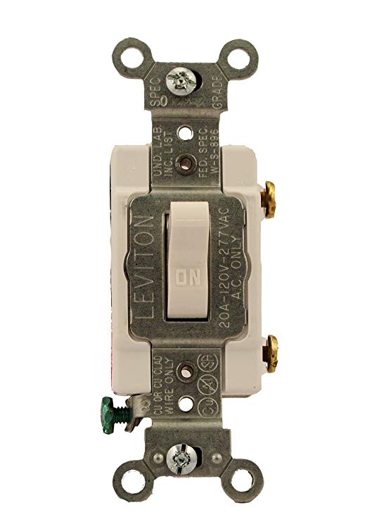 Leviton CS120-2W 20-Amp, 120/277-Volt, Toggle Single-Pole AC Quiet Switch, Commercial Grade, Grounding, White