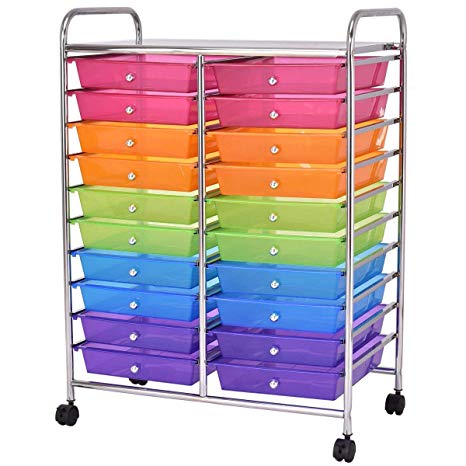 COSTWAY 20 Drawer Rolling Storage Cart Tools Scrapbook Paper Office School Organizer, Multicolor