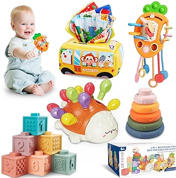 Weilim Montessori Toys for Babies 6 to 12 Months, Baby Toys Sensory Toys for Toddlers 1-3, Fine Motor Toys, Pull String Toy, Stacking Blocks Rings, Baby Tissue Box Toy 5 in 1 Infants Learning Toys