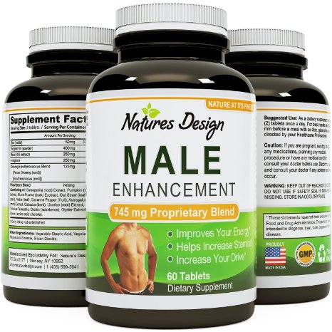 Natural Male Enhancement Supplement - 745 MG Potent and High Quality Tablets - Pure Maca Root, L-Arginine & Tongkat Ali Powder - Guaranteed By Natures Design