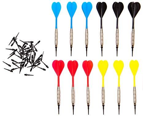 Shot Taker Co. Soft Tip Darts Set | 12 Brass 16 Grams Darts | 50 Black 2BA Tips | 3 of Each Colour: Red, Blue, Yellow, Black | Perfect for Electronic and Plastic Dartboard at Bar and Tournament