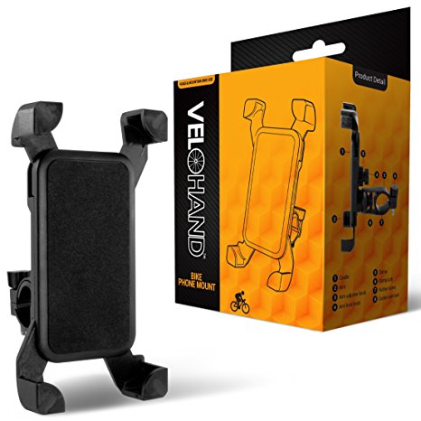 Universal Bike Phone Mount by VeloHand. Bicycle Cell Phone Holder. Easily Fitted to Handlebars of Road, Mountain or Exercise Bikes. Adjustable Cradle Securely Fits Most Mobile Phones