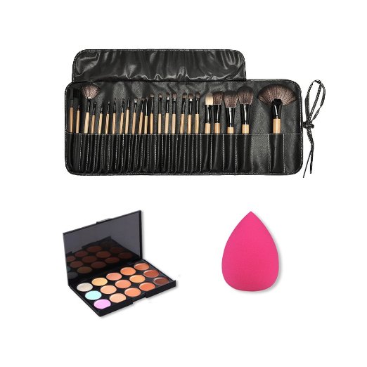 Jmkcoz 24pcs Makeup Brushes   15 Colors Camouflage Concealer Palette Contour Kit   1PC Beauty Blender Makeup Sponge Puff Makeup Kit