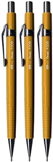 Pentel 0.9mm (P209) Yellow P200 Series Automatic Mechanical Draughting Pencil Refillable Lead Eraser P209-G (Pack Of 3)