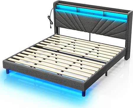 Rolanstar King Size Bed Frame, Storage Headboard with Charging Station and LED Lights, Upholstered Bed with Heavy Duty Wood Slats, No Box Spring Needed, Noise Free, Easy Assembly, Dark Grey