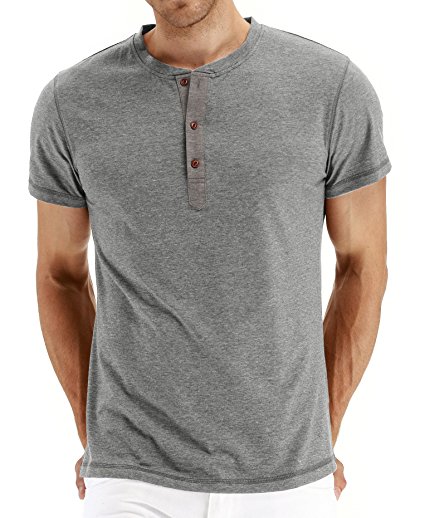 PEGENO Mens Casual Slim Fit Short Sleeve Henley T-shirts Cotton Shirts
