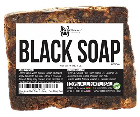 Raw, African Black Soap, 16oz, 1 lb | 100 Percent Pure and Organic for Dry Skin, Scar Removal & Rashes by Raw Apothecary | Face & Body Wash