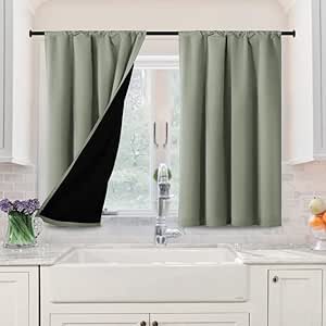 H.VERSAILTEX 100% Blackout Curtains for Bedroom Short Curtains Half Window Curtains for Kitchen, Privacy Energy Saving Curtain Tiers for Bathroom Shades, W 42 x L 36 inch, Light Sage, Set of 2