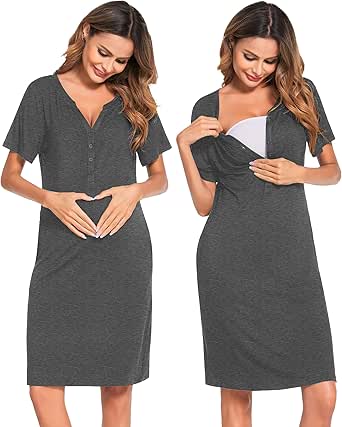 Ekouaer Nursing Nightgown Striped Women Short Sleeve Breastfeeding Sleep Dress Maternity Delivery/Labor Gown