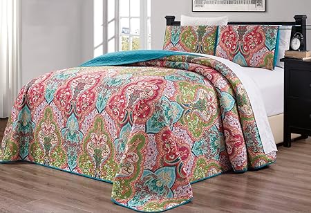 3-Piece Oversize (115" X 95") Fine Printed Prewashed Quilt Set Reversible Bedspread Coverlet King Size Bed Cover (Turquoise Blue, Sage Green, Orange, Terra Cotta Red)