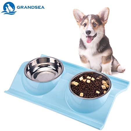 GRANDSEA Double Dog Bowls with Stand, 11 oz Stainless Steel Cat Dish, Dual Use Pet Food and Water Feeder For Small Dogs and Cats