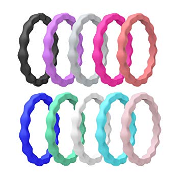 Silicone Wedding Ring for Women, 10-Packs Thin and Stackable Rubber Wedding Bands, Affordable, Fashion, Colorful, Comfortable fit, Skin Safe