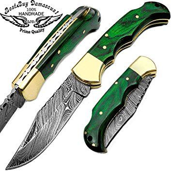 Green Wood 6.5'' Handmade Damascus Steel Brass Bloster Folding Pocket Knife Back Lock 100% Prime Quality