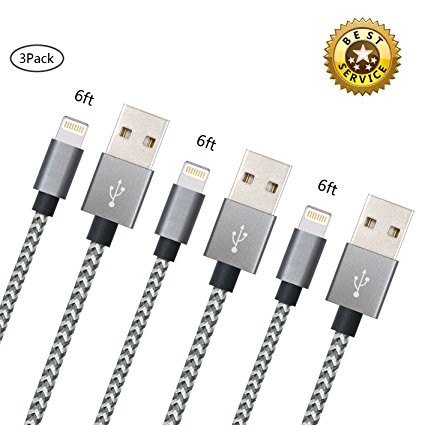 iPhone Charger Youer - 3Pcs 6FT iPhone Lightning Cable Nylon Braided 8pin to USB Charging Cord for Apple iPhone 7/7 plus/6/6s/se/5s/5c/5,iPad Air,Mini/iPod (Dark & Grey)