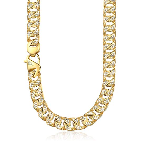 Trendsmax 14mm Mens Womens Hiphop Necklace Chain Iced Out Curb Cuban Yellow Gold Plated GF w Paved Clear Rhinestones