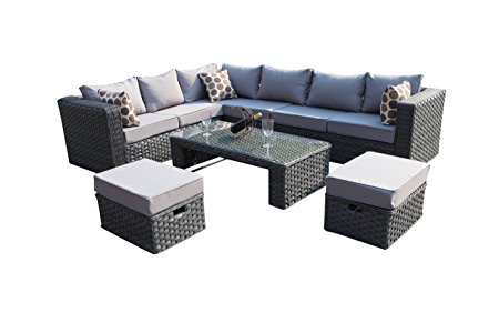 YAKOE 50020 Papaver Conservatory Modular 9 Seater Rattan Corner Garden Sofa Furniture Set - Grey