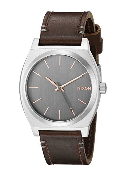 NIXON A0452066 Men's Time Teller Gray/Rose Gold Analog Display Quartz Watch, Brown Leather Band, Round 37mm Case