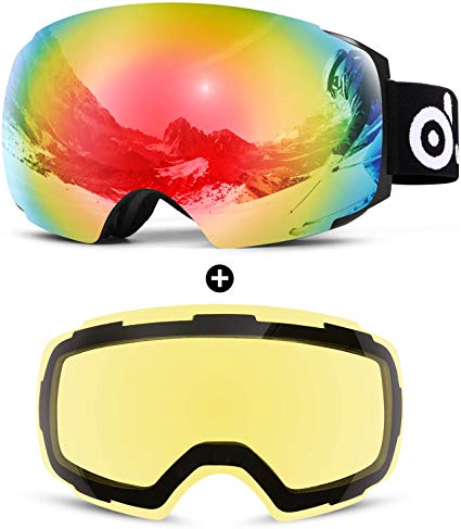 Odoland Ski Snowboard Snow Goggles, Anti-Fog UV400 Protection Snow Sports Goggles with Magnetic Interchangeable Lens and Large Spherical Frameless for Men & Women Skiing Skating